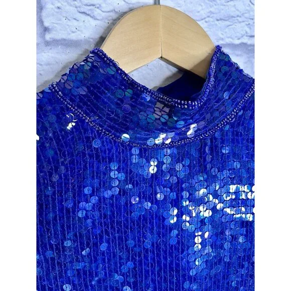 SCARLET RAGE Women's Vintage Blue Sequin Silk High Neck Sheath Dress Large - Picture 4 of 8